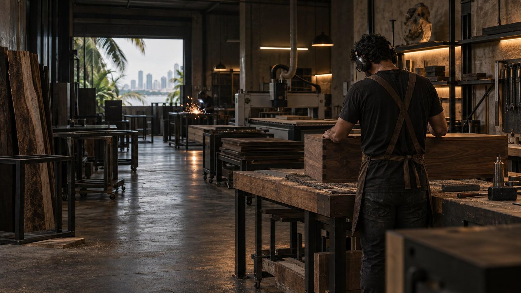 Artesano revisando una pieza de nogal en un taller de carpintería y metal.