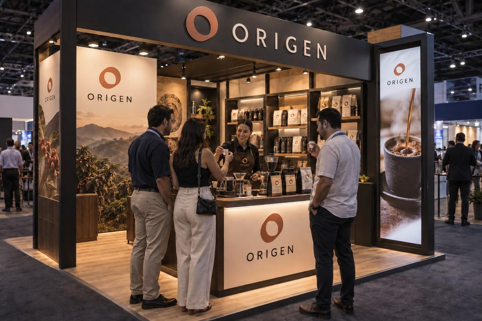 Stand de una marca conceptual de café con gráfica publicitaria, exhibidores y degustación para visitantes.
