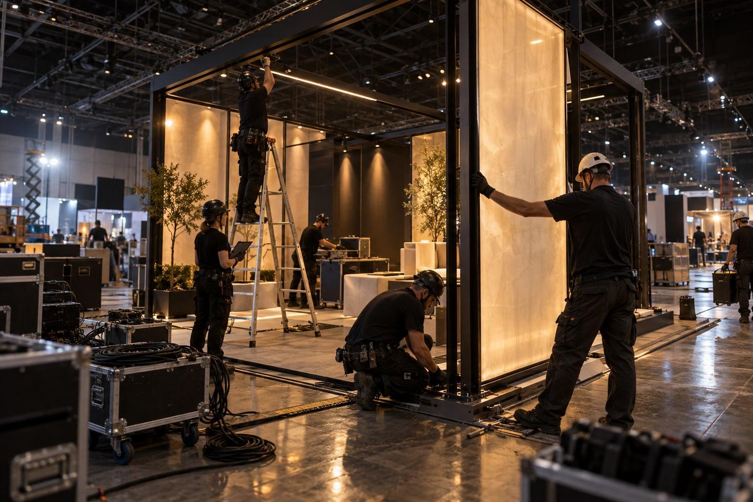 Equipo de montaje instalando la estructura y la iluminación de un stand.