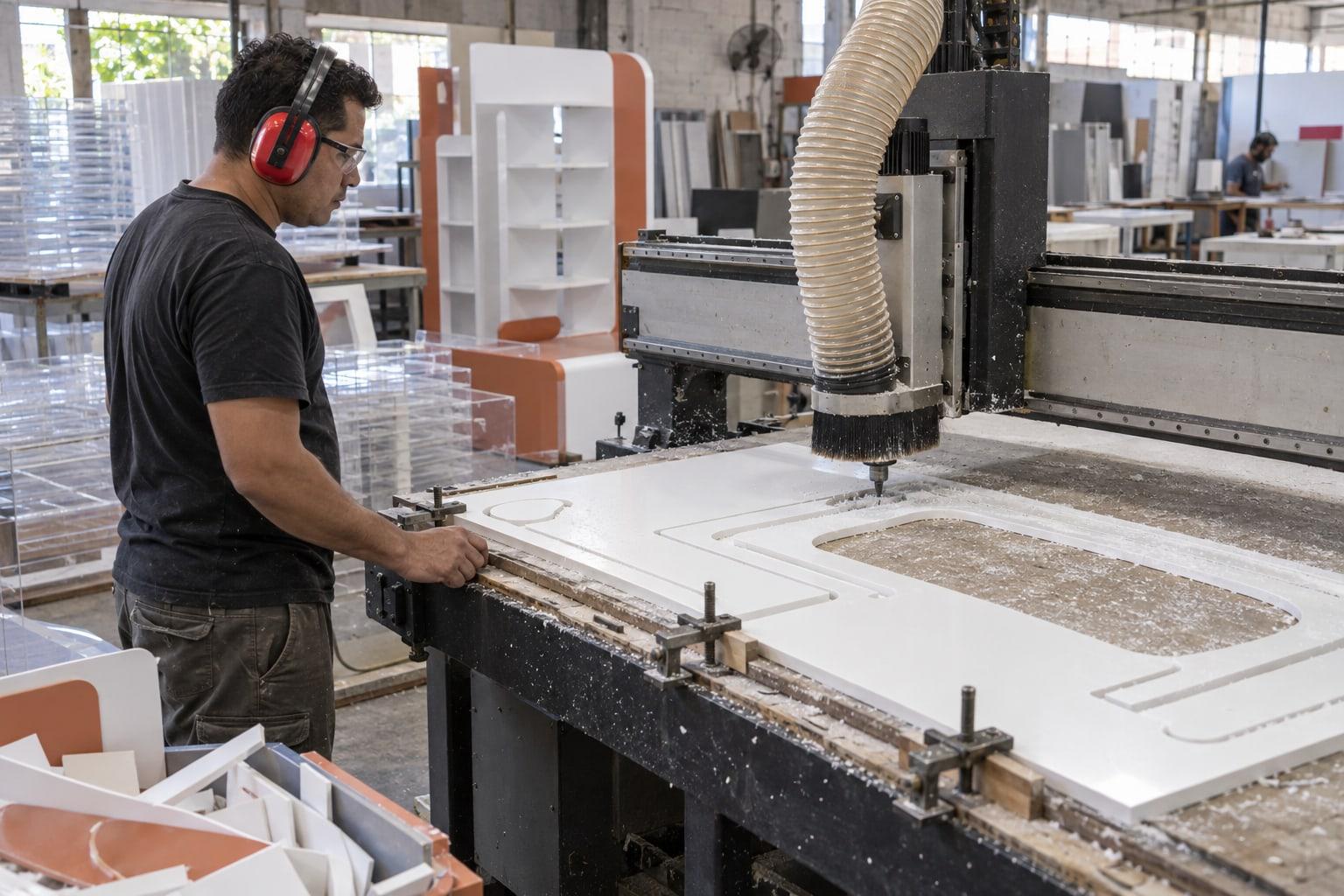 Corte CNC de componentes para exhibidor comercial.
