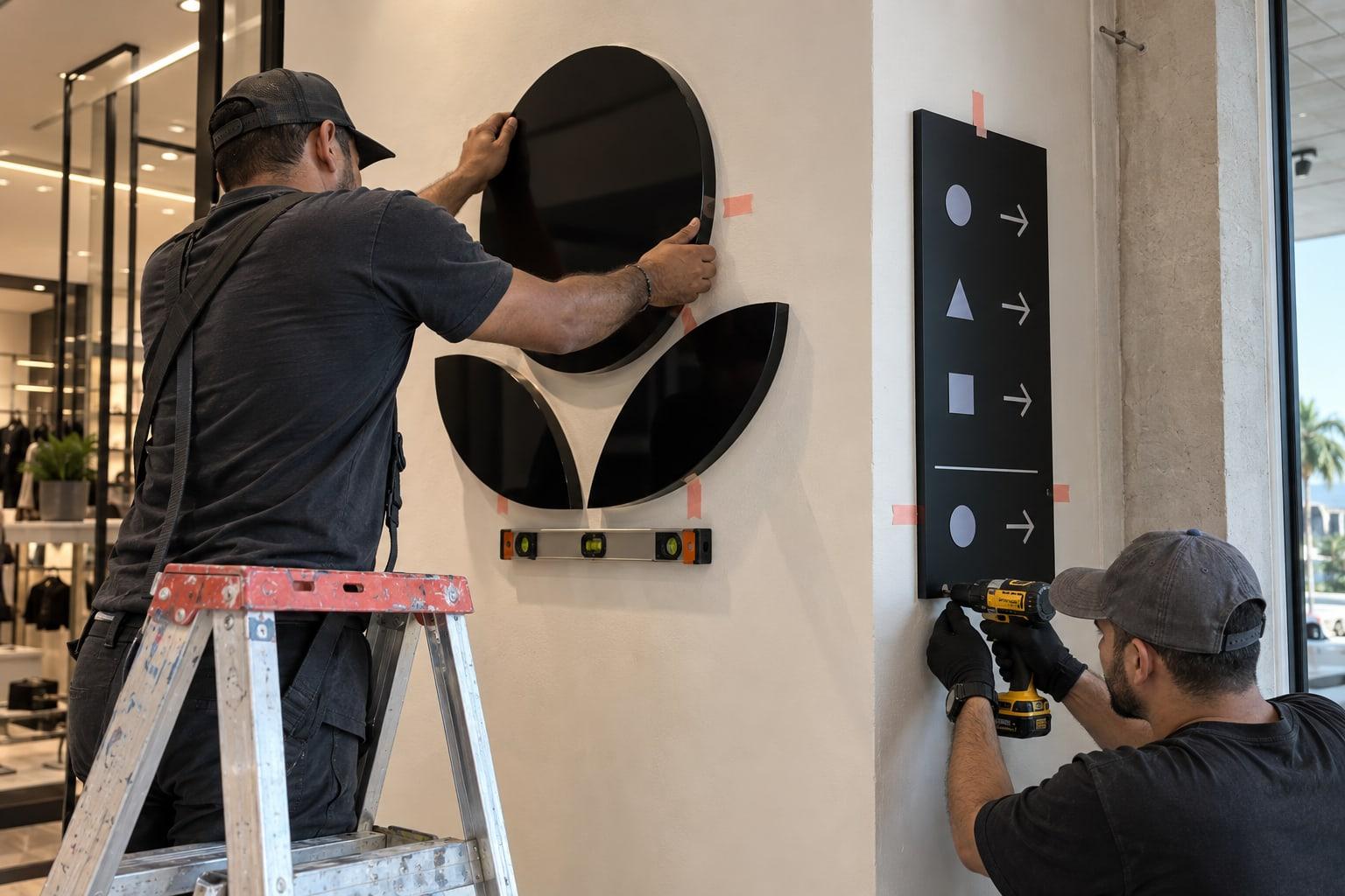 Instalación de señalización dimensional en comercio.
