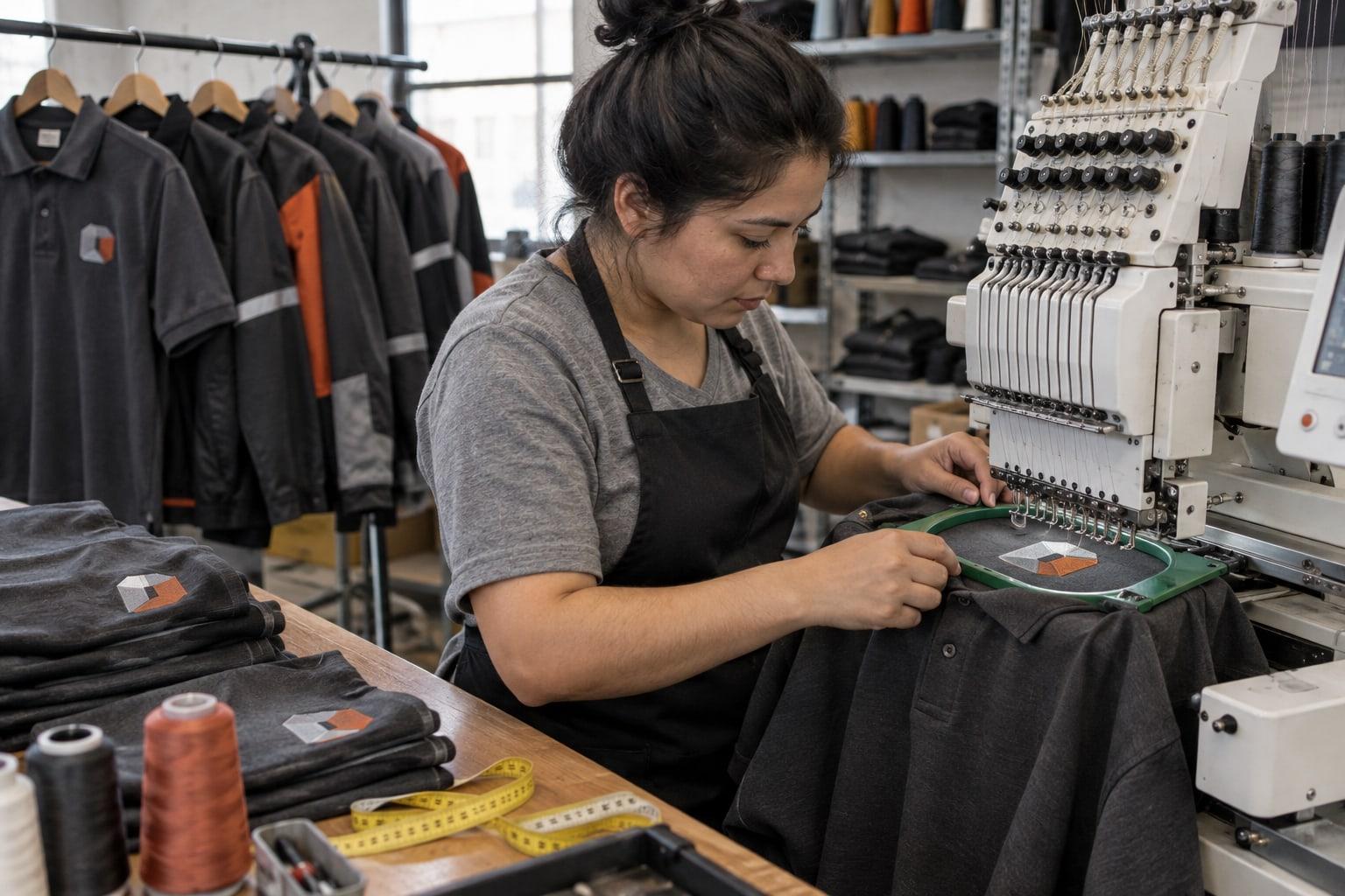 Bordado de uniformes en producción.